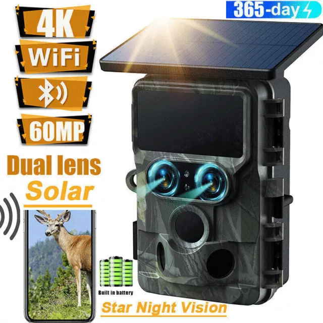 Solar Dual lens Trail Camera 4K WiFi Wildlife Hunting Game Cam Night Vision 60MP