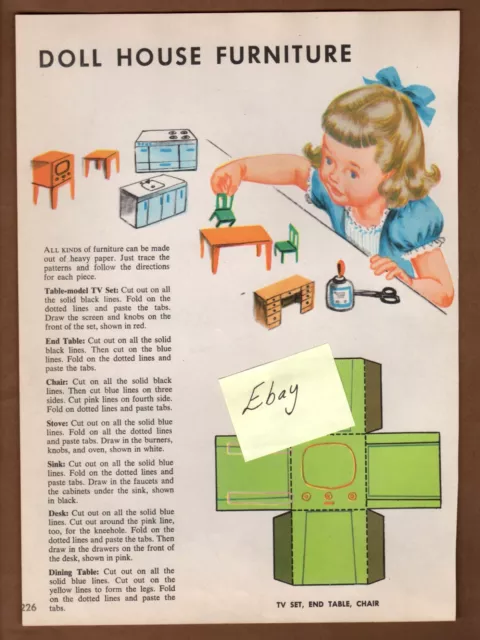 Vintage Doll House Furniture Paper Patterns 1953 Mid-century, 2 Sheets Decoupage