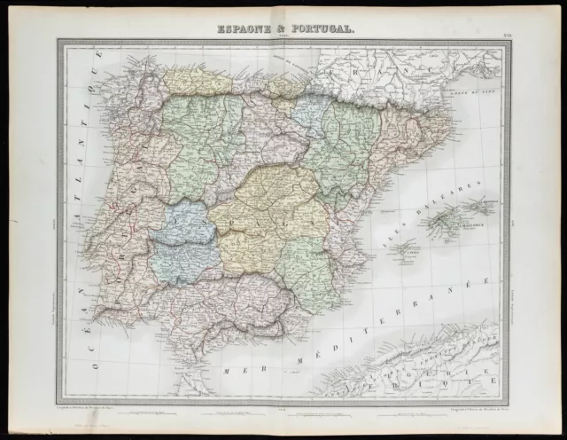 1855 - Espagne & Portugal - Carte géographique ancienne - Tardieu - Gravure