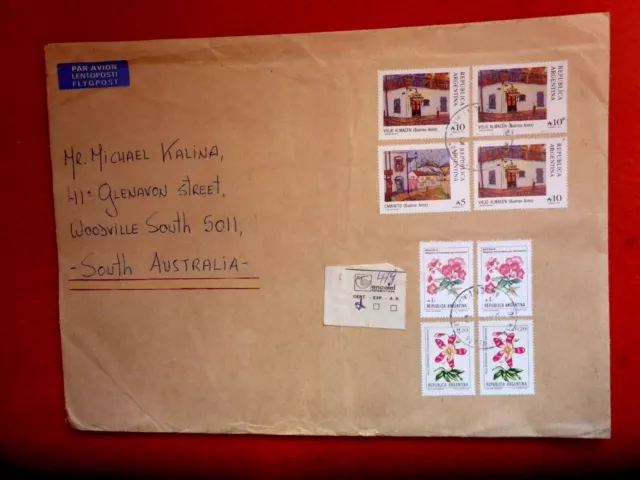 Postally Used Airmail Envelope Argentina Stamps Sent  Australia Flowers1988