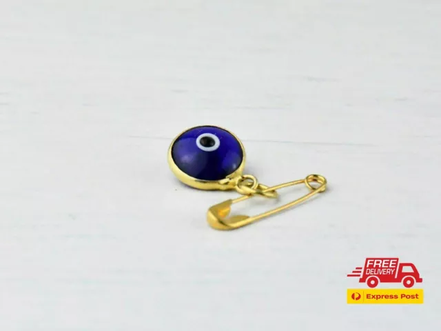 Gold Colour Lucky Blue Evil Eye Glass Protection Safety Pin Brooch For Baby