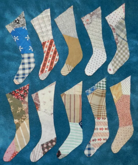 10 Primitive Cutter Quilt Skinny Stockings! White/Brown/Blue/Etc Muted Tones