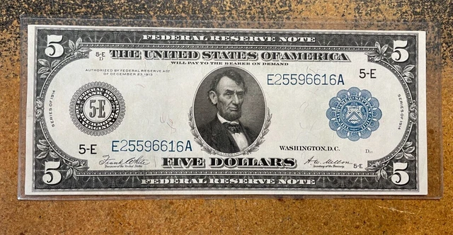 Amazing AU/UNC 1914 $5 Lincoln Federal Reserve Note blue seal 5-E  RICHMOND VA