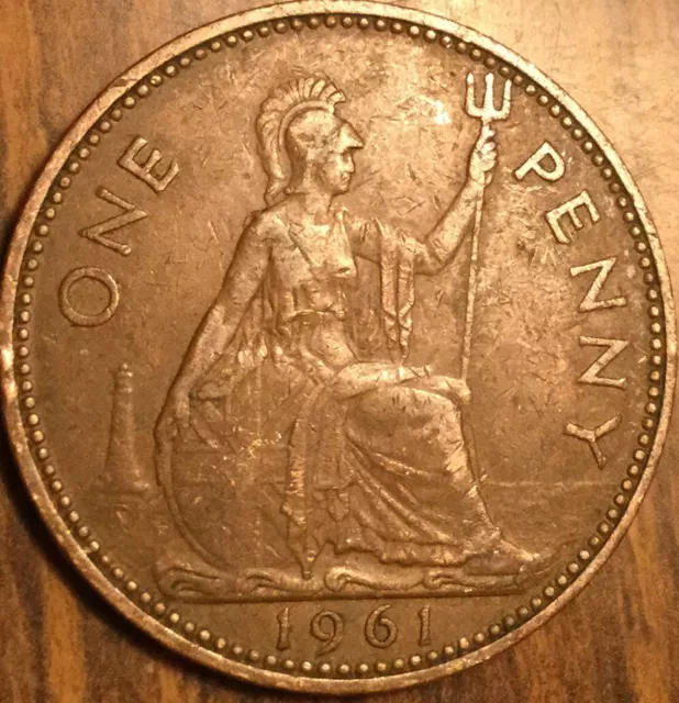 1961 Uk Gb Great Britain One Penny Coin