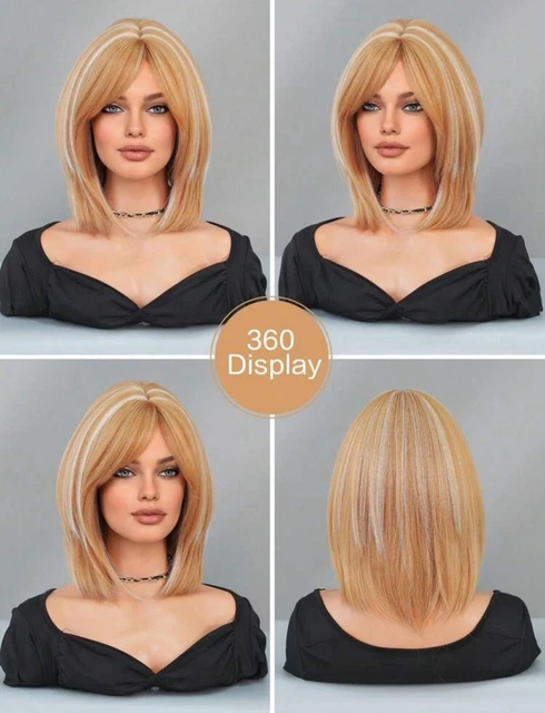 Perruque Synthétique Courte Blond Doré Racine Foncé - 30cm + 4 Bonnets - Neuf