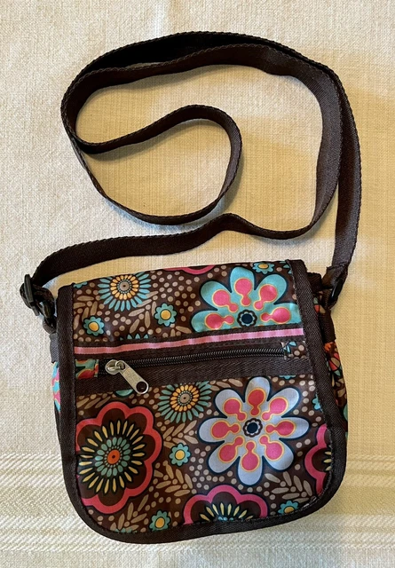 Brown Floral Crossbody--Nylon, adjustable strap, inside pocket, magnetic closure