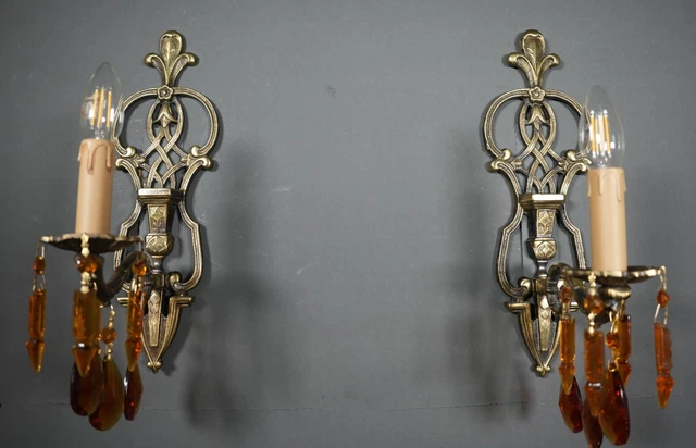 VINTAGE Victorian Single Arm Solid Brass Czech Crystal Pair of Applique Sconces