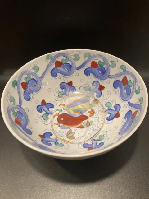 Vintage Hand Painted Chinese Blue Ceramic Porcelain Floral Birds 10” Bowl WBI