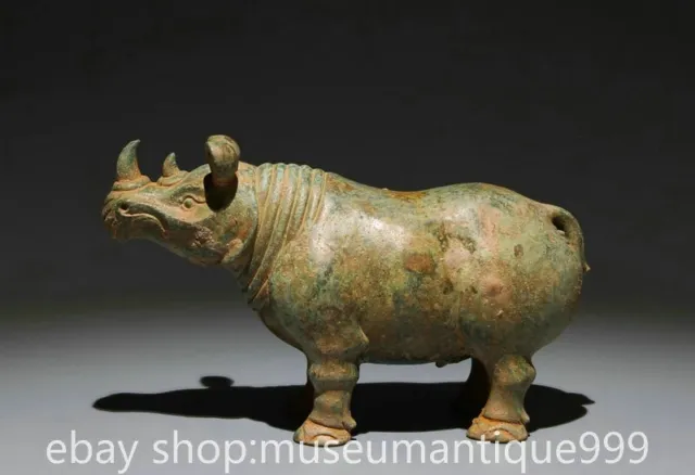 7.6" Old Chinese Bronze Ware Dynasty Animal Rhinoceros Statue Sculpture