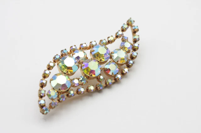 Vintage Brooch Pin Petal Rhinestones, Yellow Metal Aurora Borealis 1970s Czech