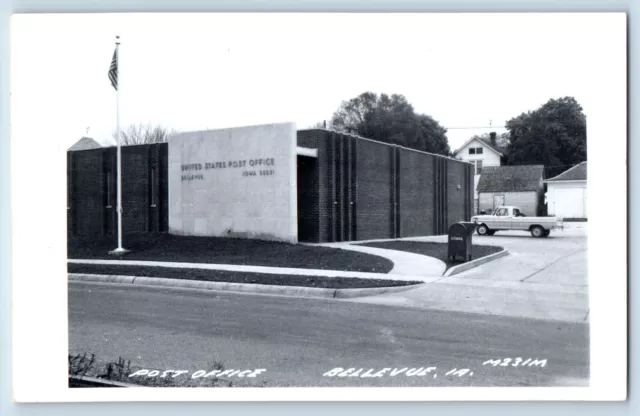 Bellevue Iowa IA Postcard RPPC Photo Post Office Car Street Scene c1930's