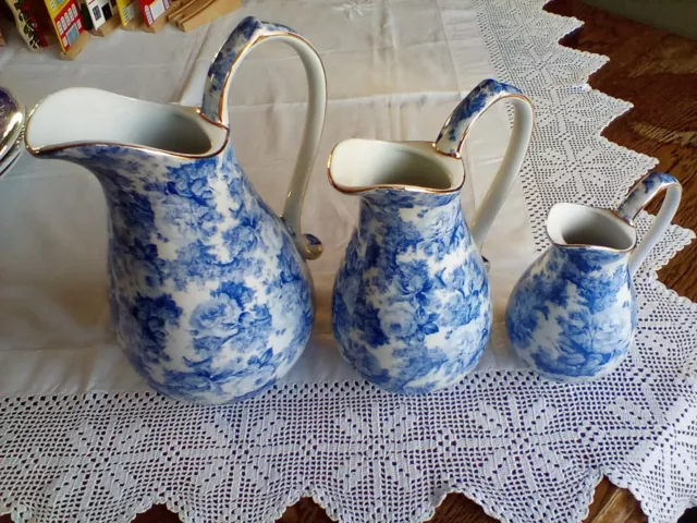 blue white chintz floral jug set  (3) beautiful .FREE P & P