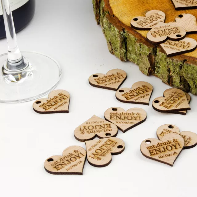 Wooden Drink Tokens. 3cm Personalised Hearts. Rustic Wedding Guest Favours Gift. 3