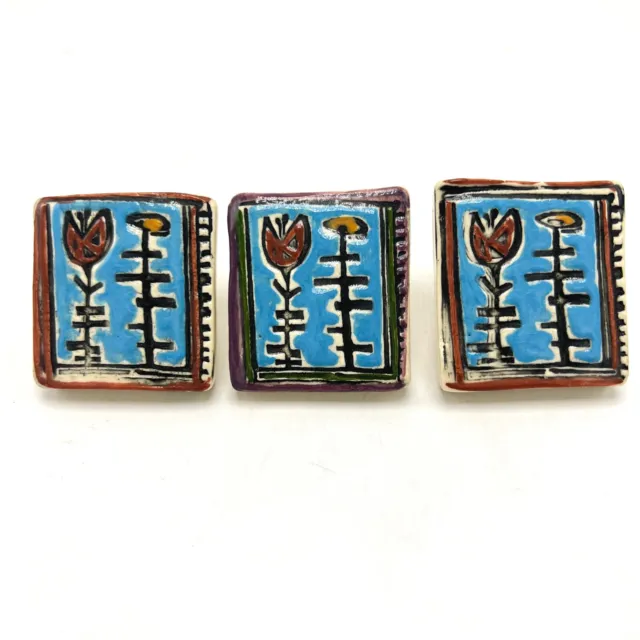 3 Abstract Art Tile Ceramic Drawer Pulls Cabinet Knobs Flowers Handmade Funky