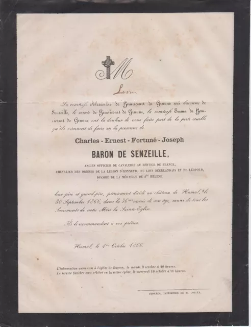 1866 Faire-part décès Baron Charles-Ernest-Fortuné-Joseph de SENZEILLE - Humal.