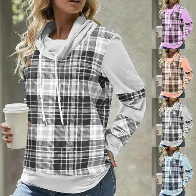 Women Plaid Check Hooded Shirt Sweatshirt Hoodies Pullover Tops Blouse Plus Size