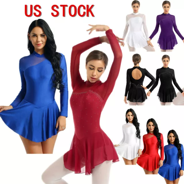 US Womens Dance Leotard Ballet Dress Tutu Skirt Long Sleeve Bodysuit Dancewear