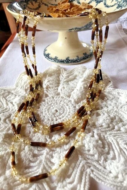 Collier Vintage En Verre De Murano - Tons Vert, Noir Et Or, Longueur 47 Cm, Occasion