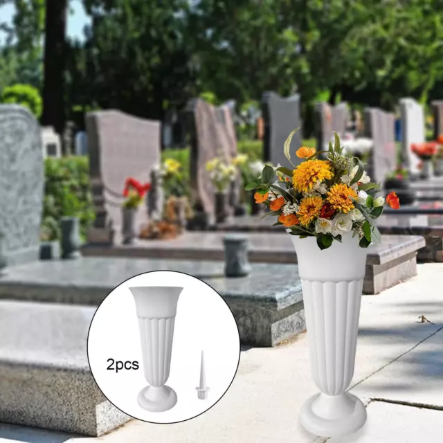 2 Pack Cemetery Vases with Spikes Artificial Flowers for Headstones Garden White