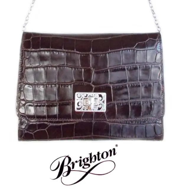 Brighton Dark Brown "Mingle" Croc Embossed Leather Organizer / Clutch - NWT