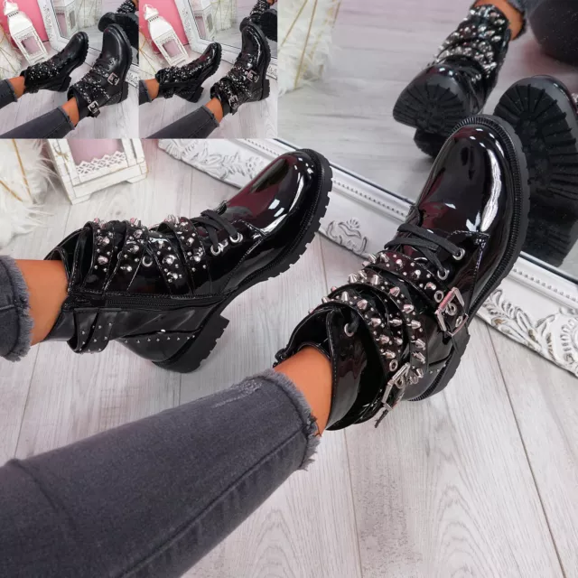 Womens Ladies Zip Ankle Biker Boots Studded Winter Fashion Women Shoes Size