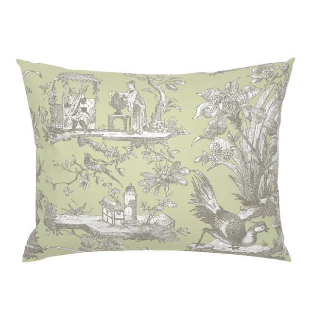 Chinoiserie Toile Green Grey Asian Jade Bird French Pillow Sham by Spoonflower