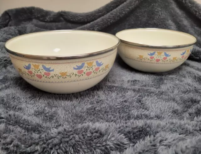 Set of 2 Porcelain Enamel on Steel Nesting Mixing Bowls -Birds Hearts Flowers