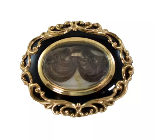 ANTIQUE GOLD YELLOW METAL MOURNING BROOCH with CURLED HAIR