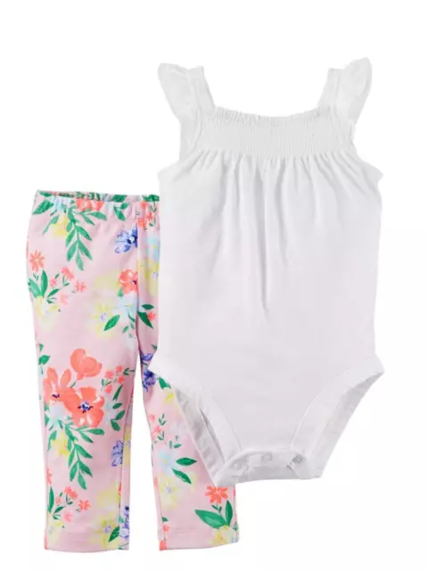 Carters Infant Girl 2 PC White Smocked Bodysuit Pink Floral Leggings Outfit 6m
