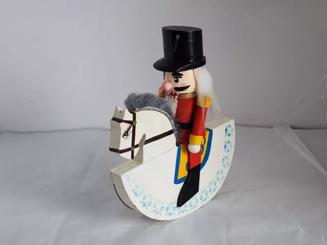 Vintage Toy Soldier Nutcracker on a White Rocking Horse Wooden Handpainted