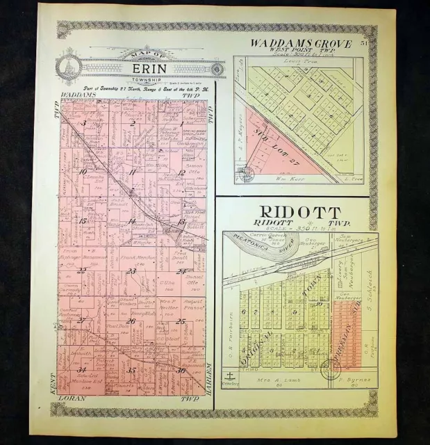 1913 Plat Map Erin Township Stephenson County Illinois Ridott Waddams Grove