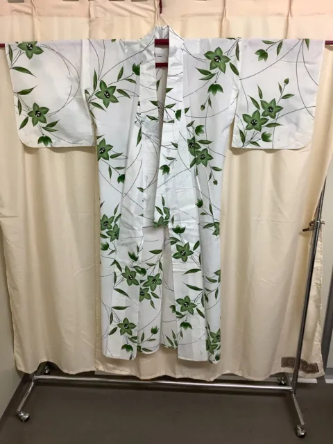 Japanese Vintage Kimono cotton Yukata White green flower Dirt Height 58.26inch