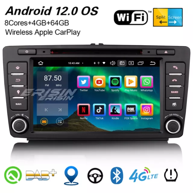 8-Cœur 4+64Go Android 12 Autoradio Navi CarPlay Pour Skoda Yeti Octavia Roomster
