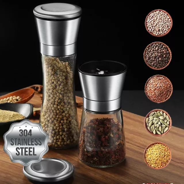 2x Stainless Steel Salt and Pepper Grinder Manual Ceramic Mills Glass Kitchen 2