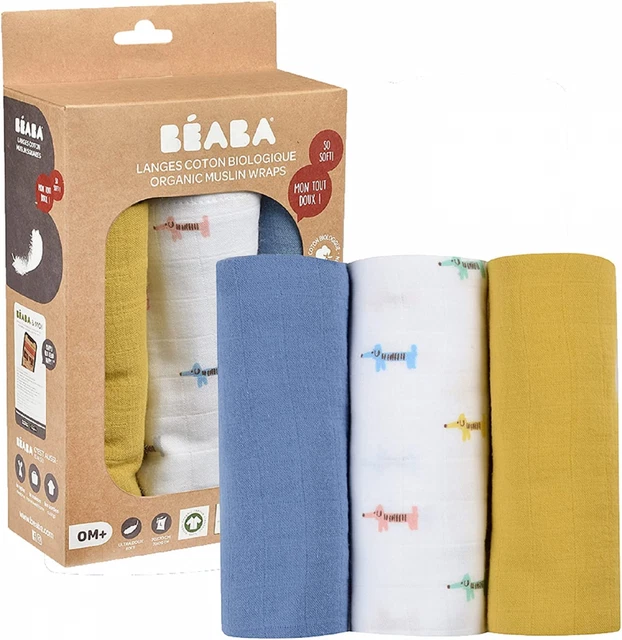 BÉABA, Lot de 3 Langes Bébé, Mousseline Coton Biologique, Teckel