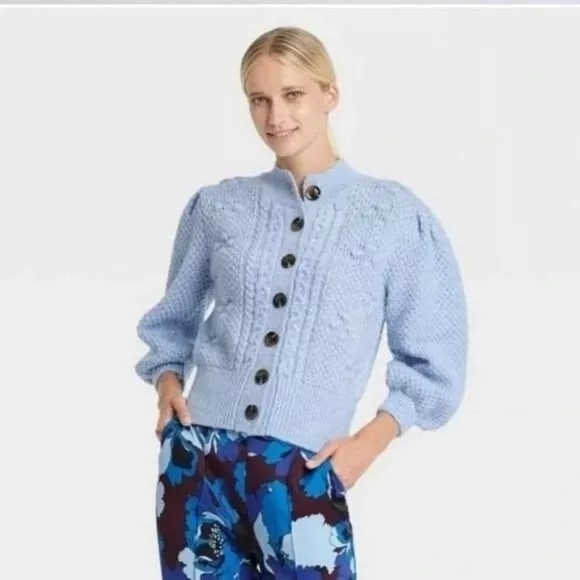 New Who What Wear Blue Corydalis Embroidered Bobble Cable Knit Cardigan Top XS