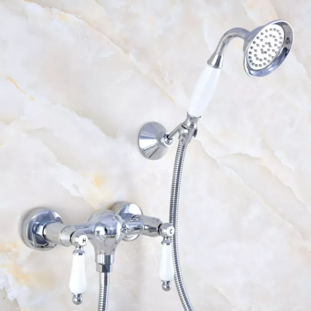 Wall Mount Chrome Bathroom Faucet Handheld Shower Mixer Tap Double Handle 2na779