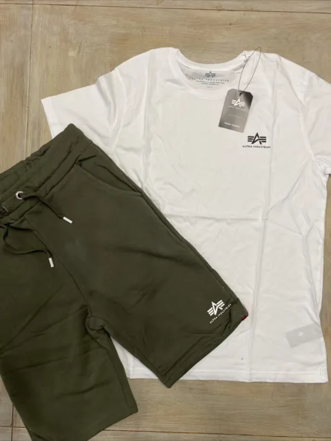 Alpha Industries mens t shirt and shorts set size Medium White Khaki RRP £80