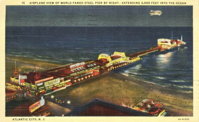 Airplane View Steel Pier by Night Atlantic City Postcard  New Jersey