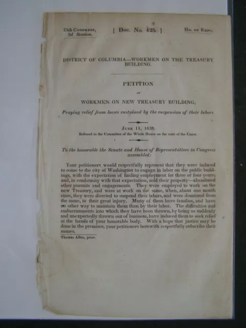 Government Report 1838 District of Columbia Workmen on the Treasury Building