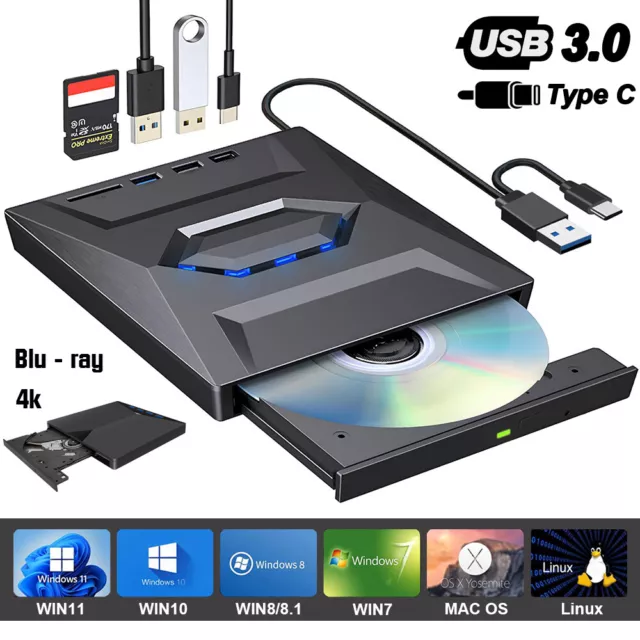 USB3.0 Blu Ray Externes Laufwerk DVD CD BD UHD 4K Brenner Player für Laptop PC