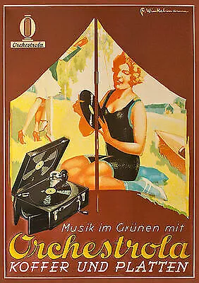 PLAKAT Musik im Grünen mit ORCHESTROLA Koffer & PLATTENSPIELER 171 A3-Faksimile