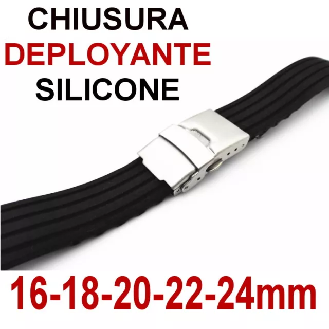 CINTURINO OROLOGIO SILICONE GOMMA DEPLOYANTE NERO 16mm 18mm 20mm 22mm 24mm