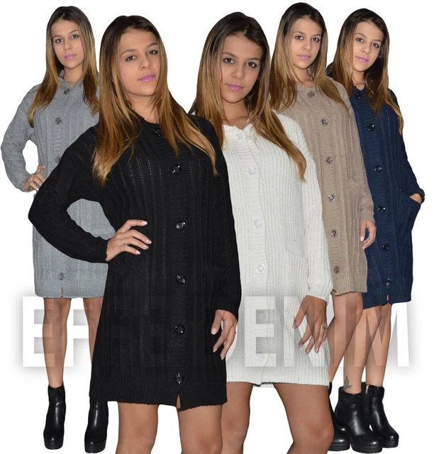 Maxi Cardigan Donna Pullover Maglione con Cappuccio Lana Vestito Maglia 3087