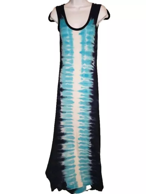 (Size 2) Calvin Klein Tie Dye Striped Sleeveless Maxi Dress Blue Stretch SEE DES