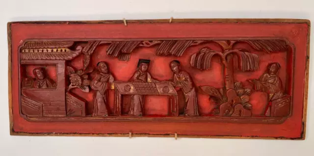 Antique Chinese 5 Scholars Deep Relief Wood Carved Panel Wall Plaque Red & Gilt