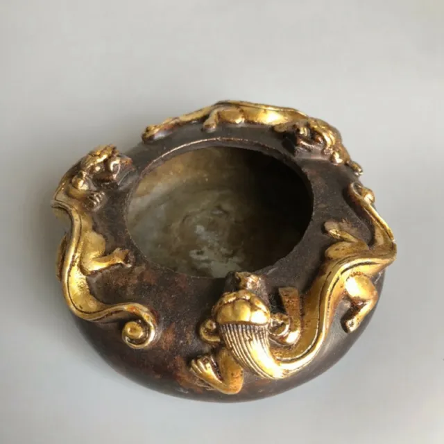 Exquisite Old Chinese copper gilt handcarved Gecko jar pots Pen wash 68025
