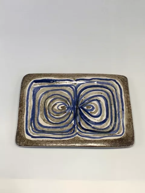 VTG Signed Art Pottery Abstract Blue, Taupe & Beige Divided Dish J. Wright 8x6”