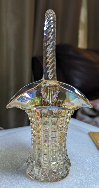 Imperial Carnival Glass Gold Iridescent Waffle Block Pattern Basket 9.5” Tall
