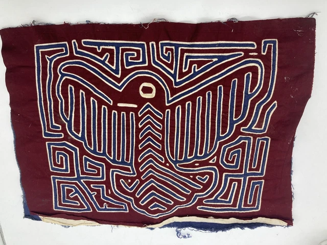 Vintage Mola Folk Fabric Art Reverse Embroidery Panel Maze Bird 16.75'' x 12''